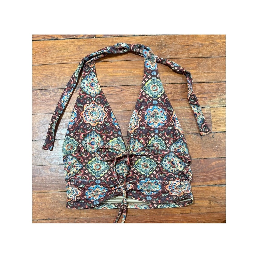 Cider Women XL Halter Neck Paisley Medallion Boho Cropped Tie Front Top Brown